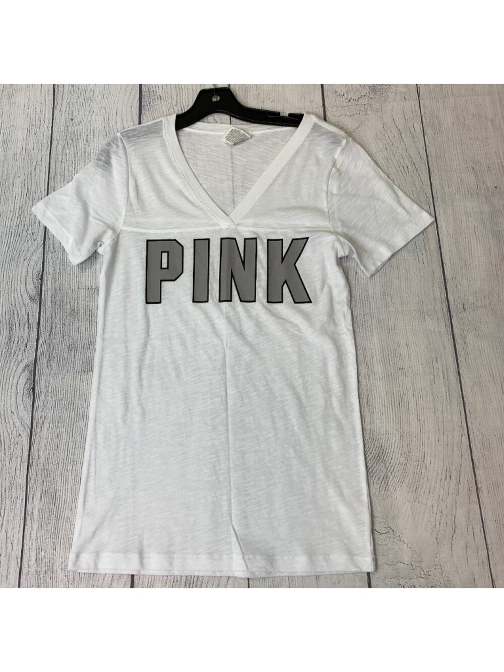 VC Pink sz L White Burnout T-shirt Logo V-neck Lightweight Short Sleeve